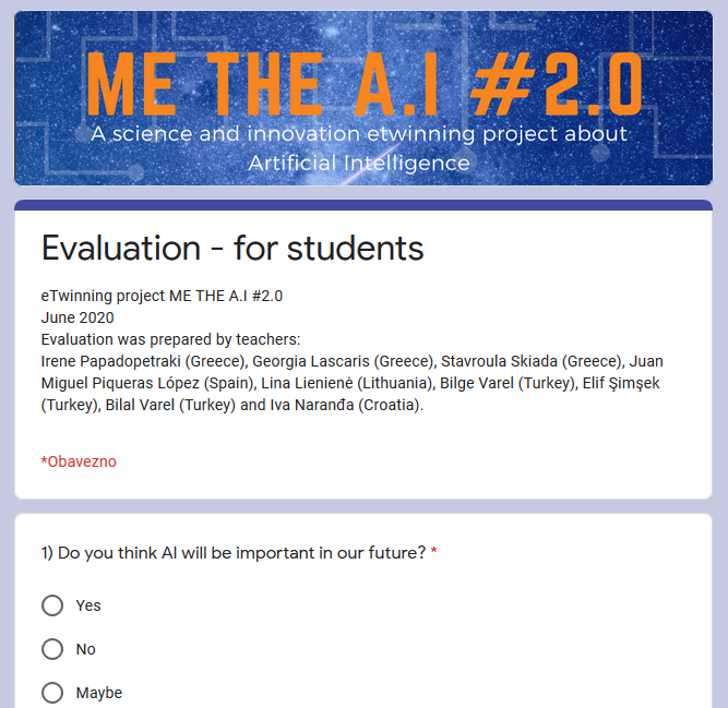evaluacija eTwinning projekt ME THE A.I #2.0