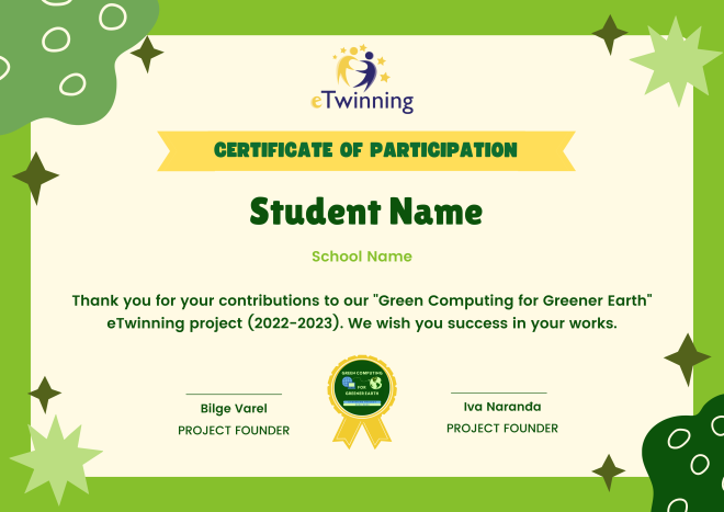 potvrda o sudjelovanju u eTwinning projektu Green Computing for Greener Earth -  za uenike