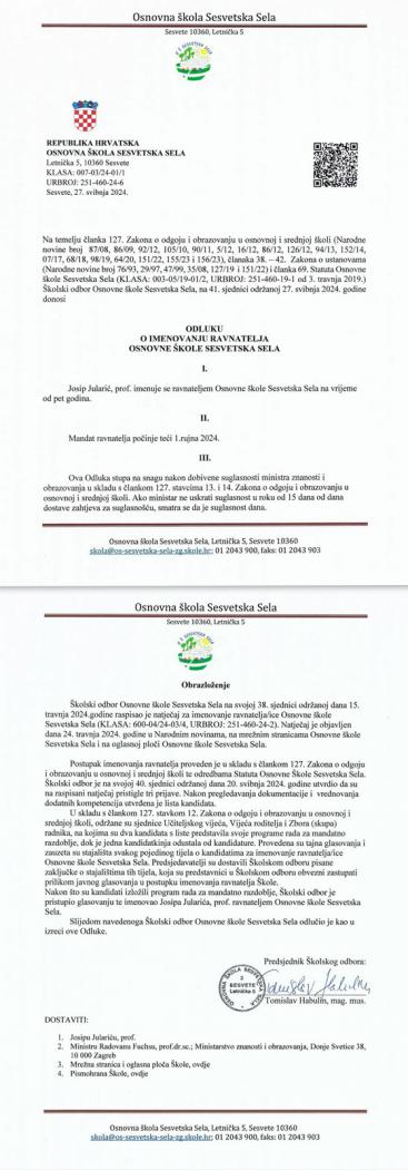 Odluka o imenovanju ravnatelja