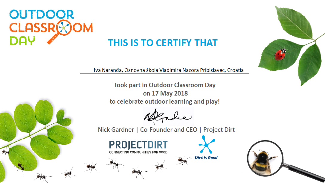 Outdoor Classroom Day 2018 certificate Pribislavec Croatia