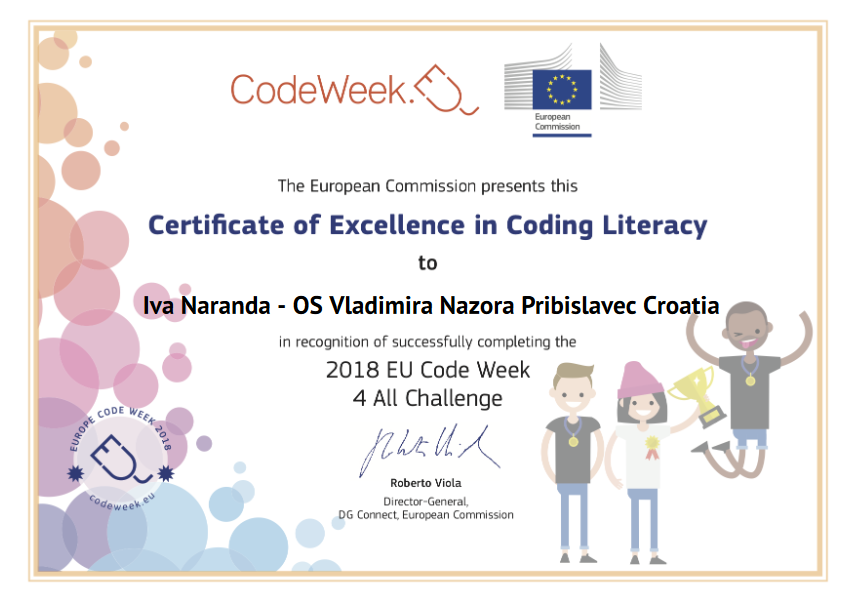 CodeWeek Certificate of Excellence in Coding Literacy, 2018 EU Code Week 4 All Challenge