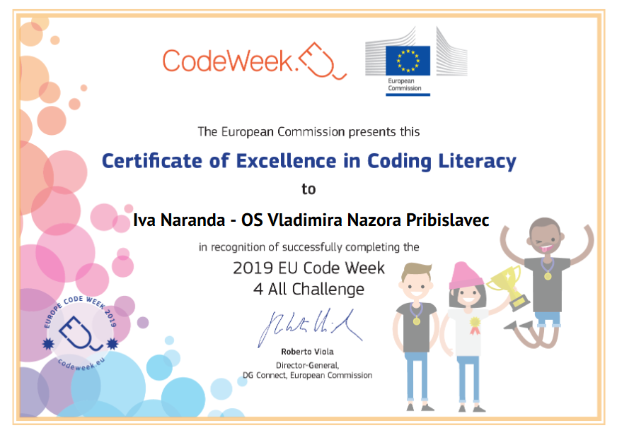 Certificate of Excellence in Coding Literacy, 2019 EU Code Week 4 All Challenge