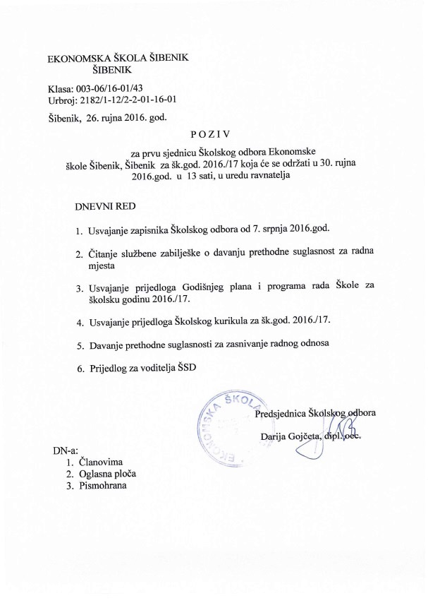 Poziv za 1. sjednicu kolskog odbora
